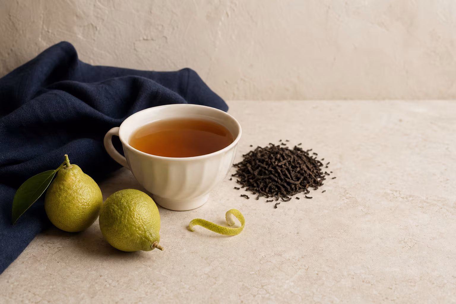 Bergamotka, liście czarnej herbaty i filiżanka Earl Grey