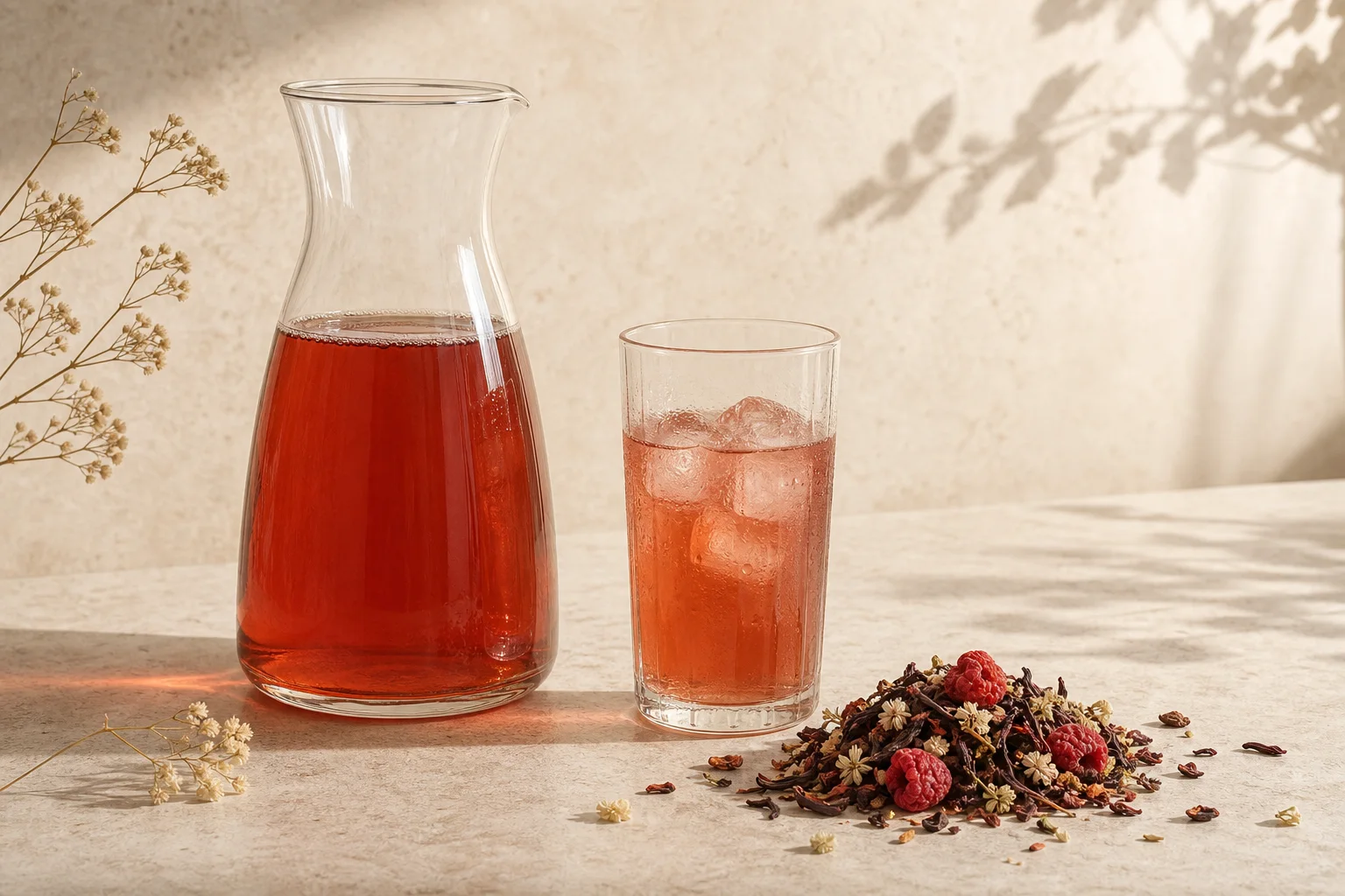 Herbata cold brew w szklanej karafce z lodem i owocowym suszem