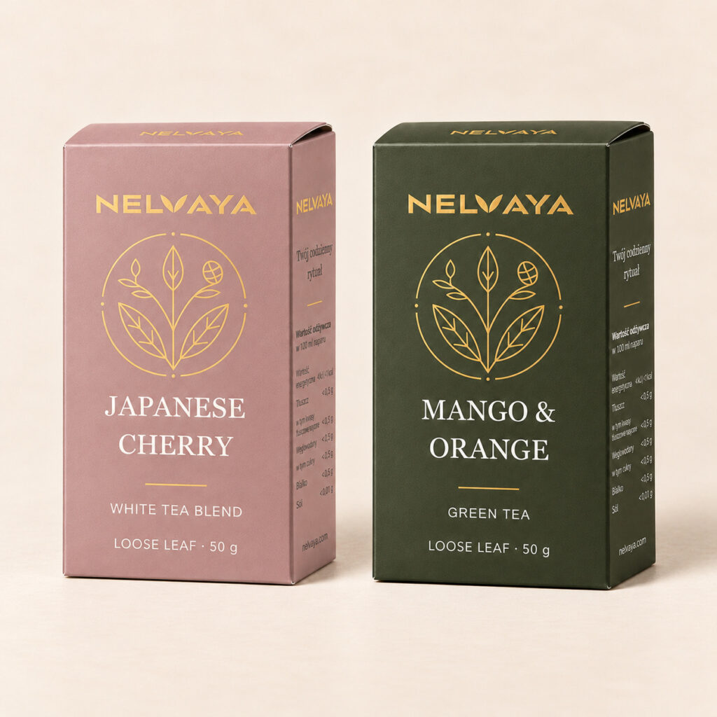 Zestaw zielonej i białej herbaty liściastej NELVAYA, dwa produkty po 50 g w układzie katalogowym na kremowym tle.