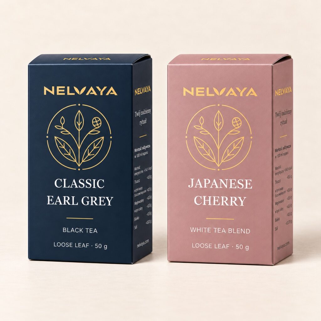 Zestaw czarnej i białej herbaty liściastej NELVAYA, dwa produkty po 50 g w układzie katalogowym na kremowym tle.