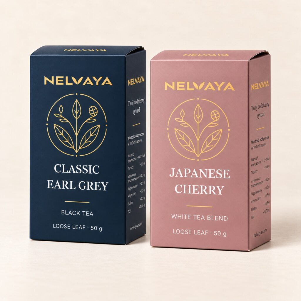 Zestaw czarnej i białej herbaty liściastej NELVAYA, dwa produkty po 50 g, wspólne ujęcie na kremowym tle.