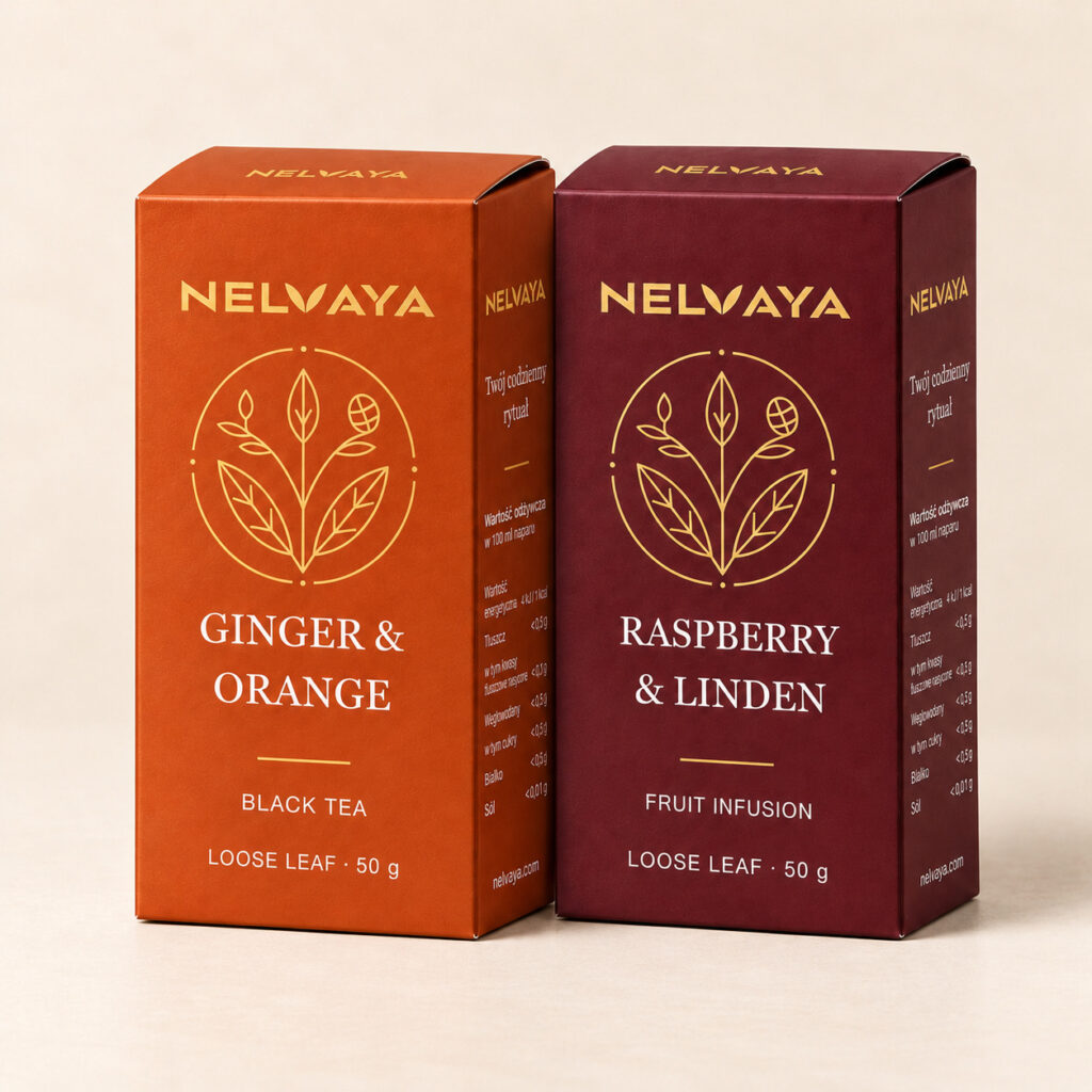 Zestaw zimowej herbaty liściastej i naparu owocowo-ziołowego NELVAYA, dwa produkty po 50 g, wspólne ujęcie na kremowym tle.