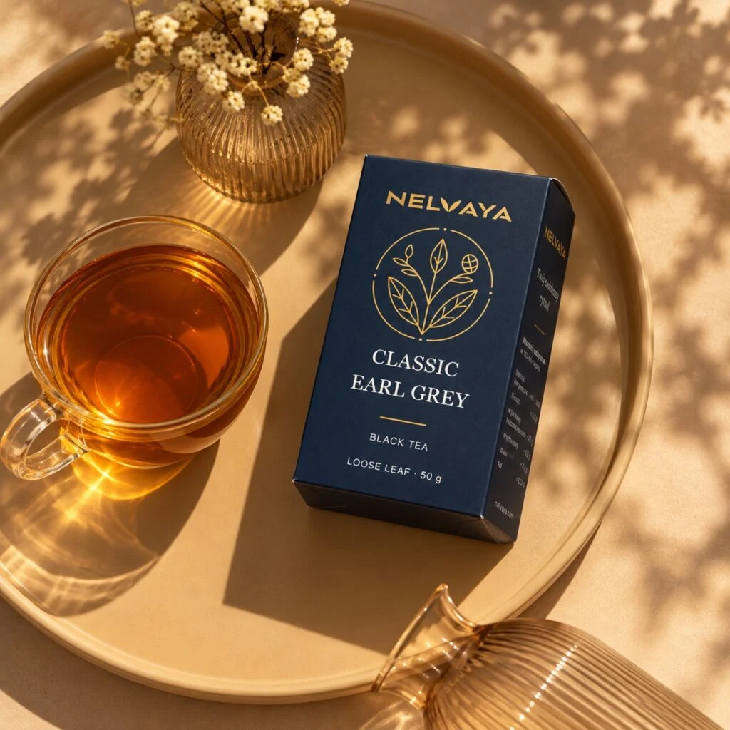 Kartonik NELVAYA Classic Earl Grey 50 g obok szklanej filiżanki z herbatą na jasnej tacy.