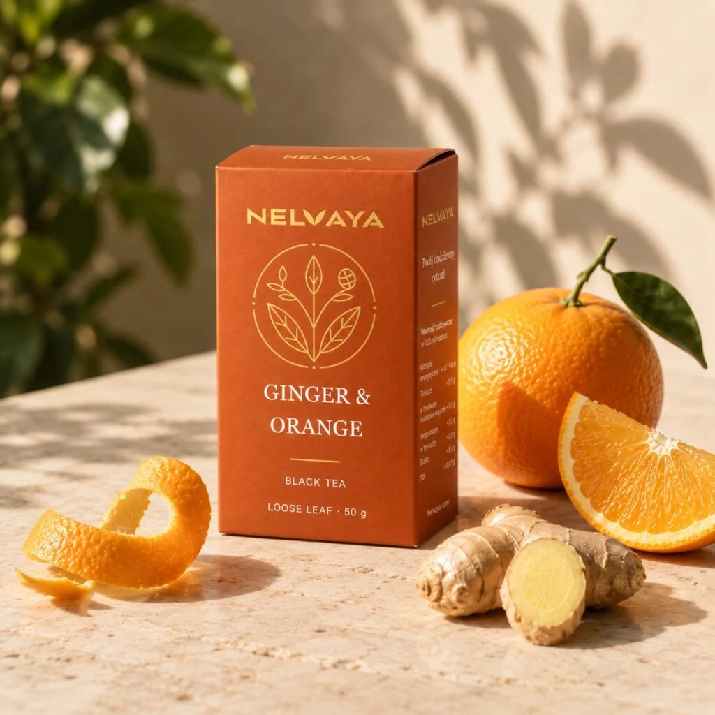 Kartonik herbaty zimowej NELVAYA Ginger & Orange obok pomarańczy i świeżego imbiru w ciepłym świetle.