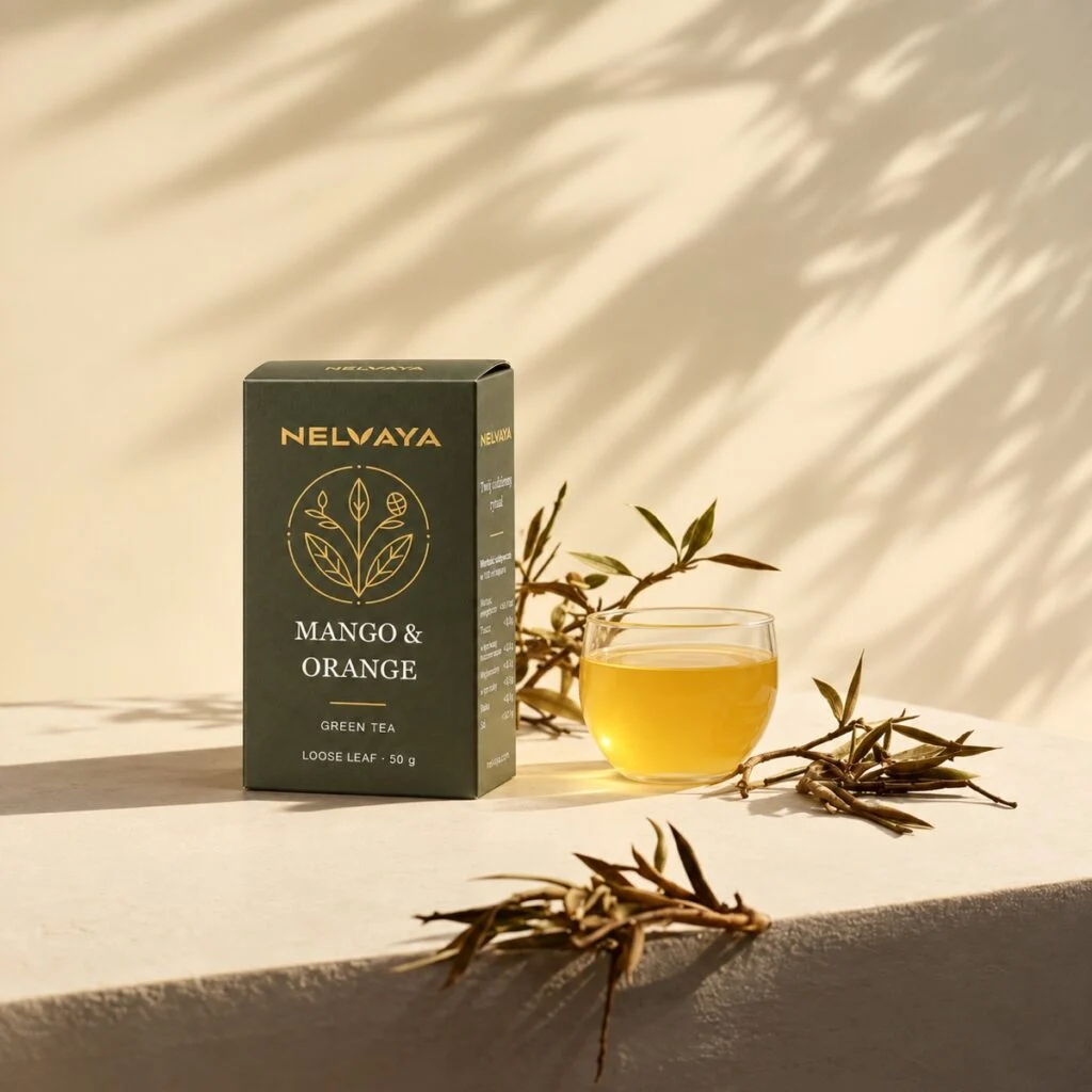 Oliwkowy kartonik zielonej herbaty NELVAYA Mango & Orange obok szklanki naparu w słonecznej aranżacji z gałązkami.
