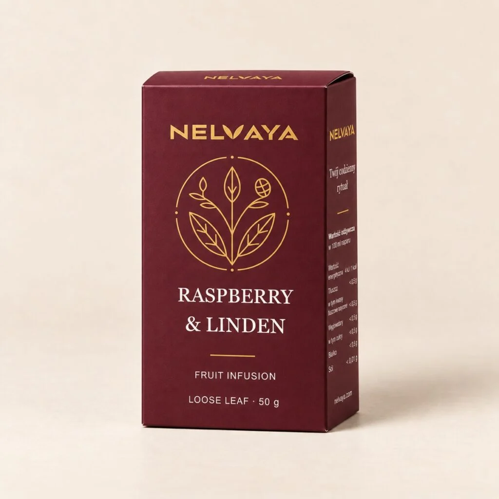 Kartonik 50 g naparu owocowo-ziołowego NELVAYA Raspberry & Linden na kremowym tle.