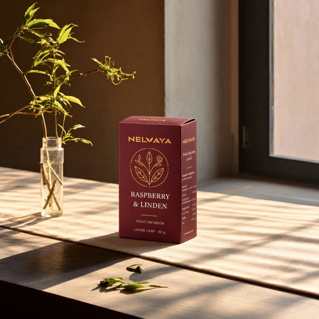 Bordowy kartonik naparu NELVAYA Raspberry & Linden na drewnianym stole przy oknie, obok szklanego wazonu z gałązkami.